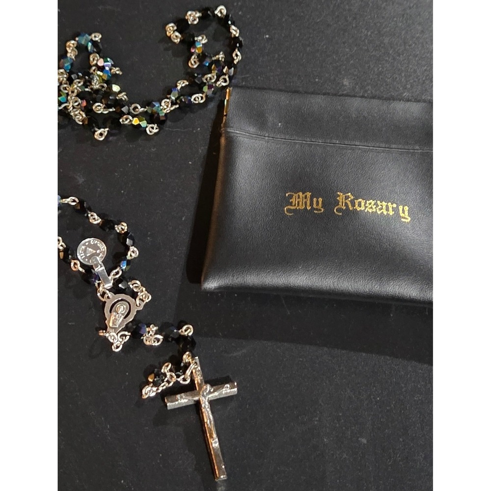 Italy Rosary Beads Unisex Black Aurora Borealis Crystal St Christopher Pouch